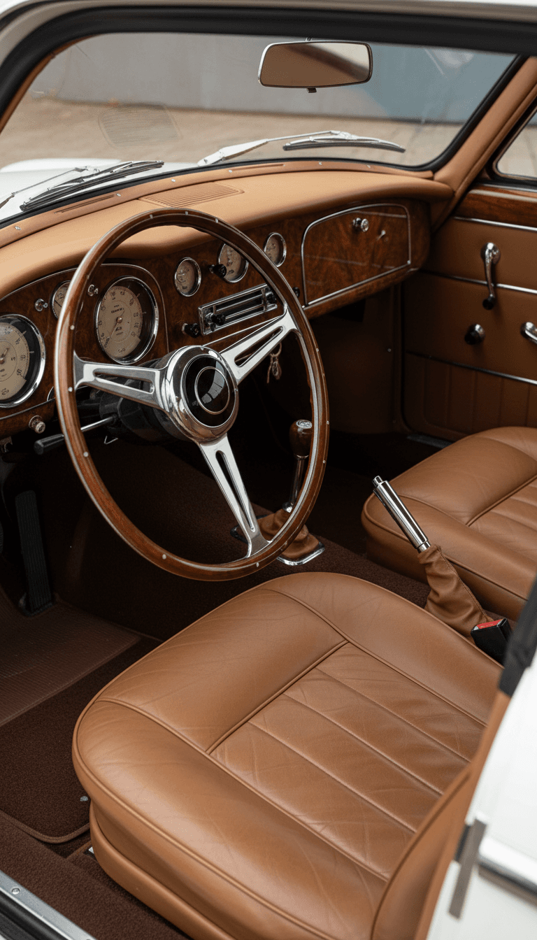 Interior of a restored classic car with leather seats and a polished wooden steering wheel