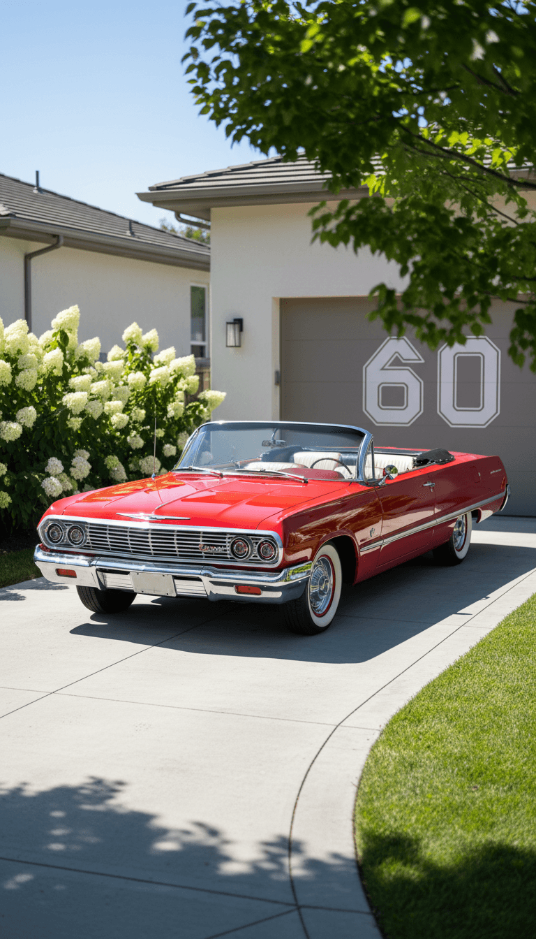 Fully restored classic convertible parked on a driveway with sun reflecting off glossy paint