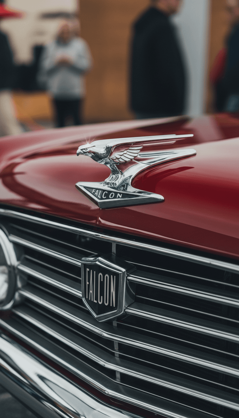Close up of a restored chrome grille and hood ornament on a vintage car