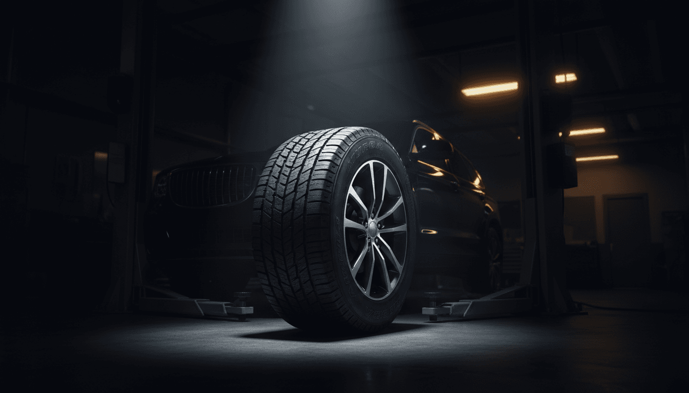 Close-up of a premium tire mounted on a vehicle in a service bay