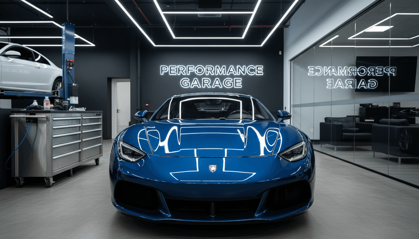 Luxury car with glossy metallic paint reflecting showroom lights, professional automotive workshop setting