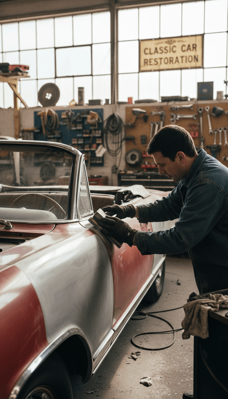 Mechanics hands carefully sanding a vintage car body panel in a workshop