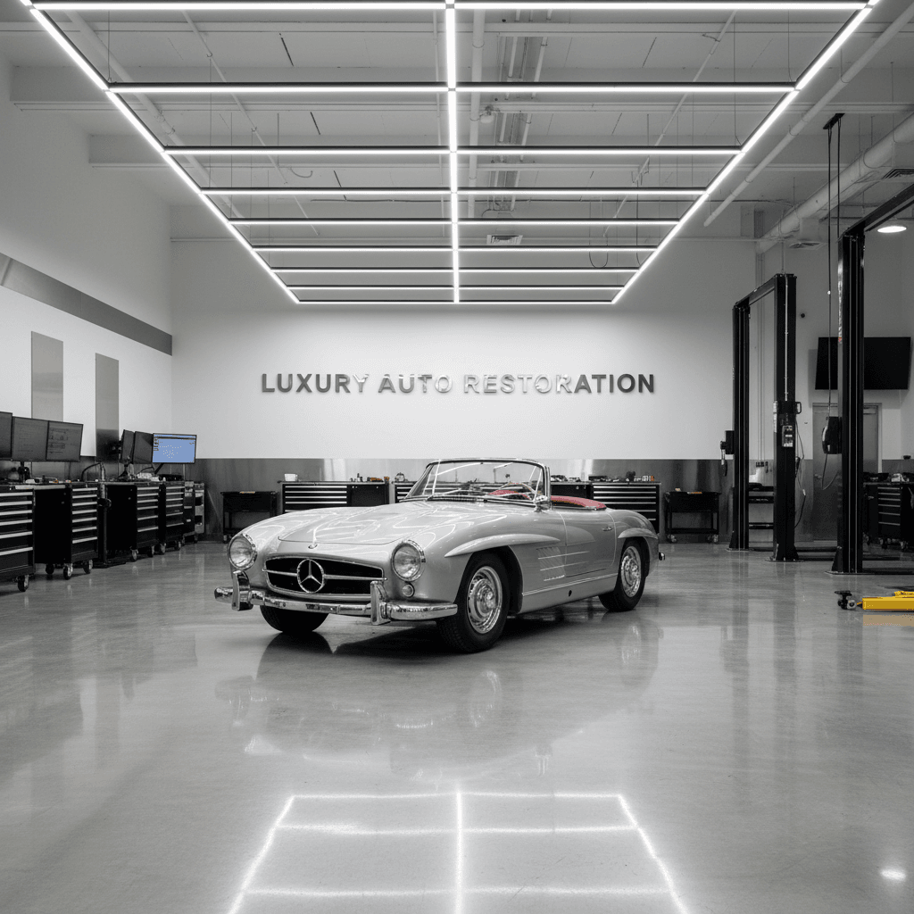 A pristine luxury automotive repair facility with a classic car inside