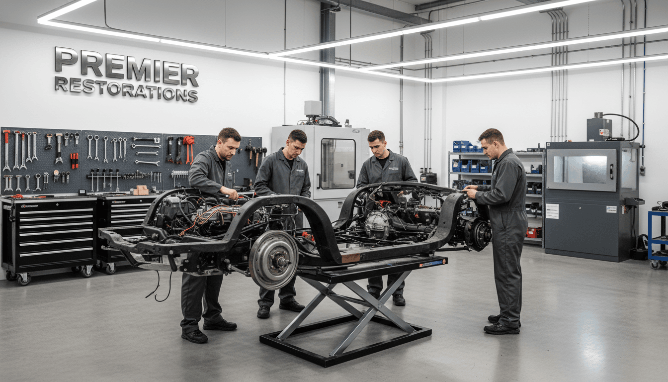 Classic car chassis disassembly in restoration shop