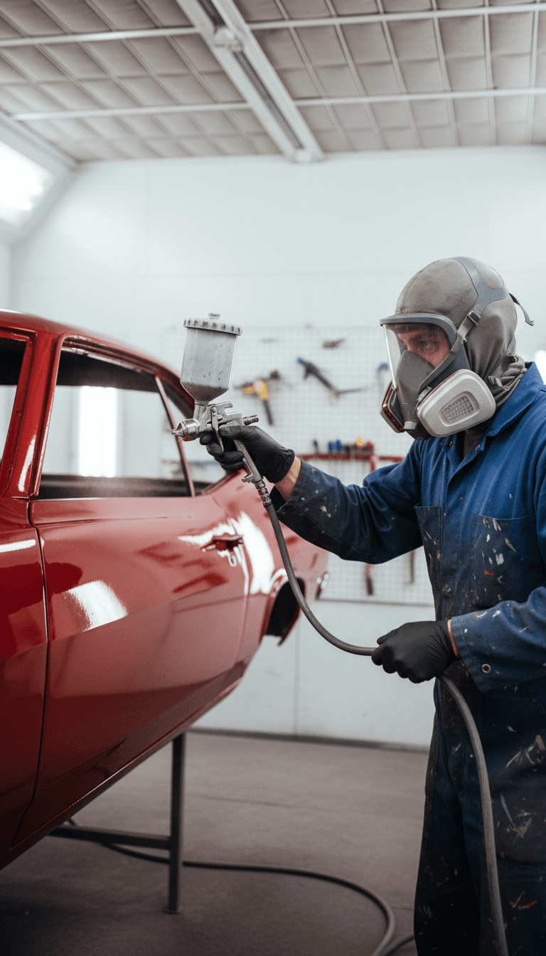 Worker in protective gear painting a vintage car door in a professional body shop
