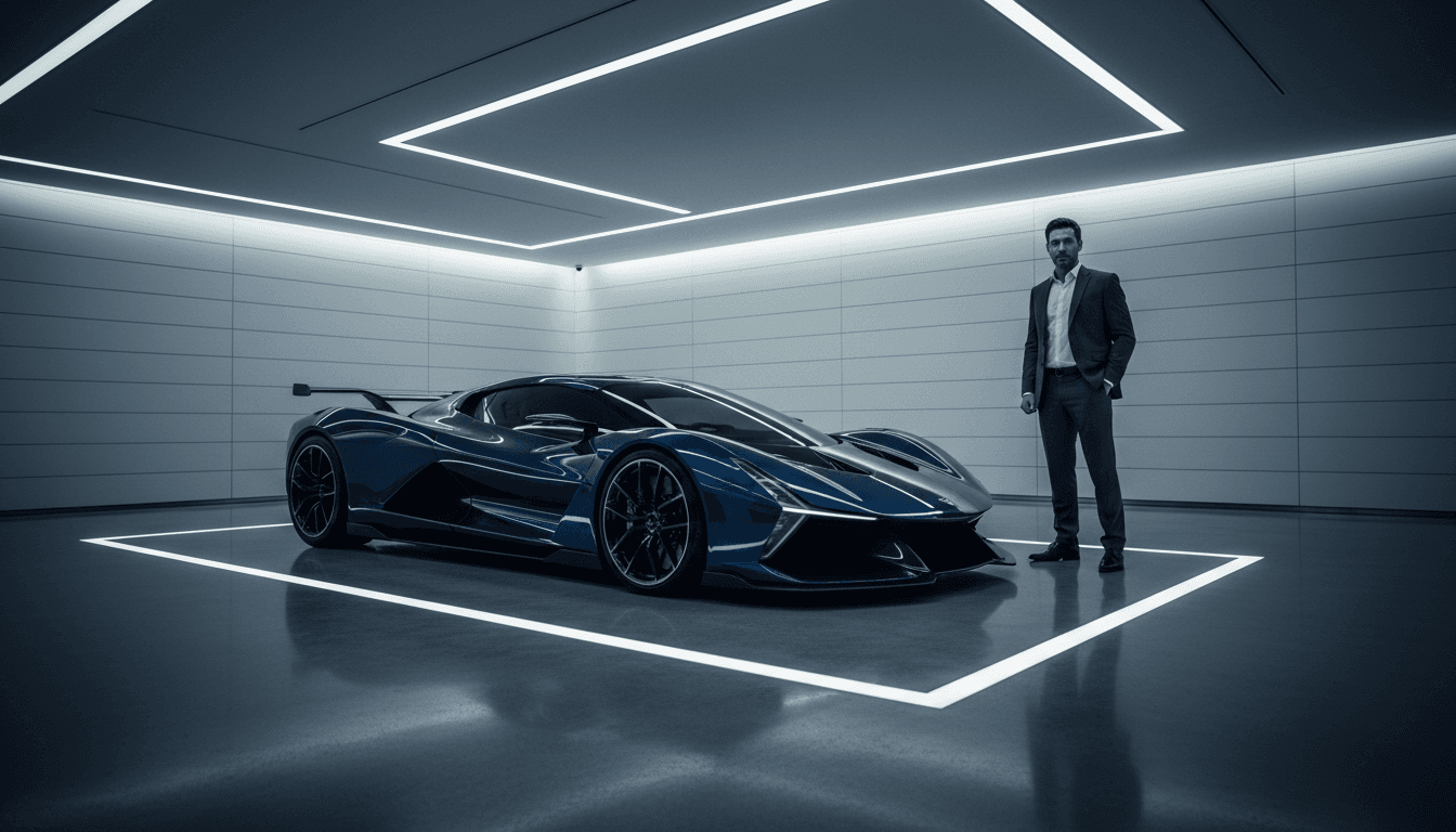 Premium supercar displayed in sleek modern showroom with professional figure showcasing exclusive luxury rental experience