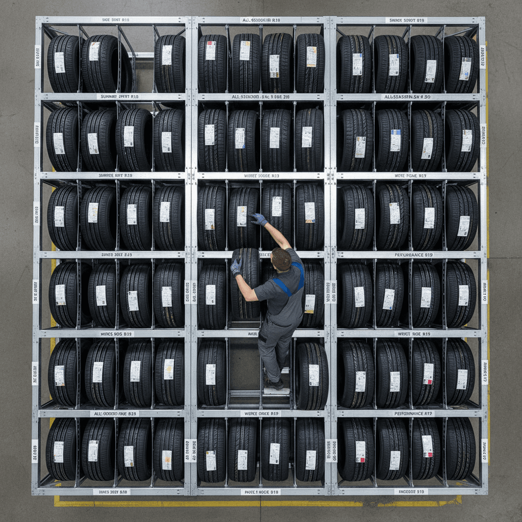 Organized tire inventory stacked on industrial shelving with technician selecting tire during parts management