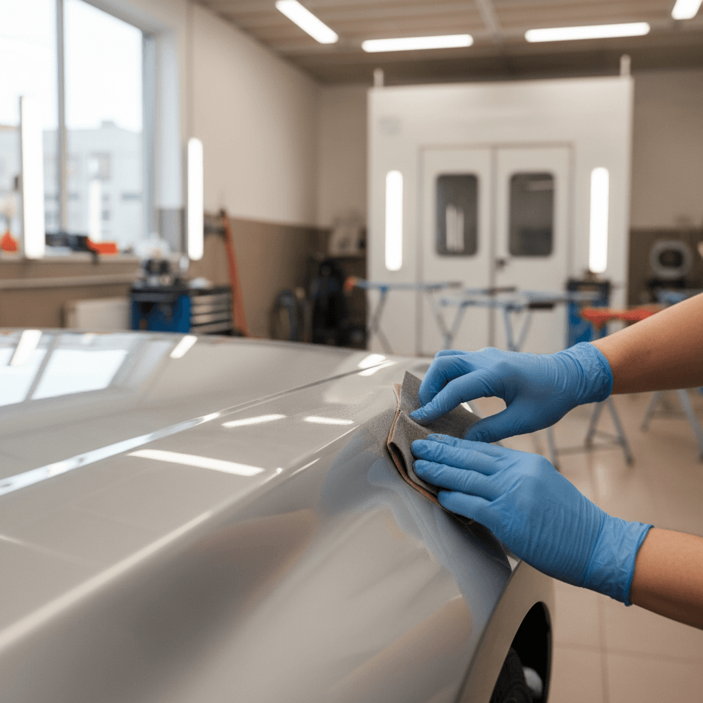Student sanding a car panel during a hands-on restoration session