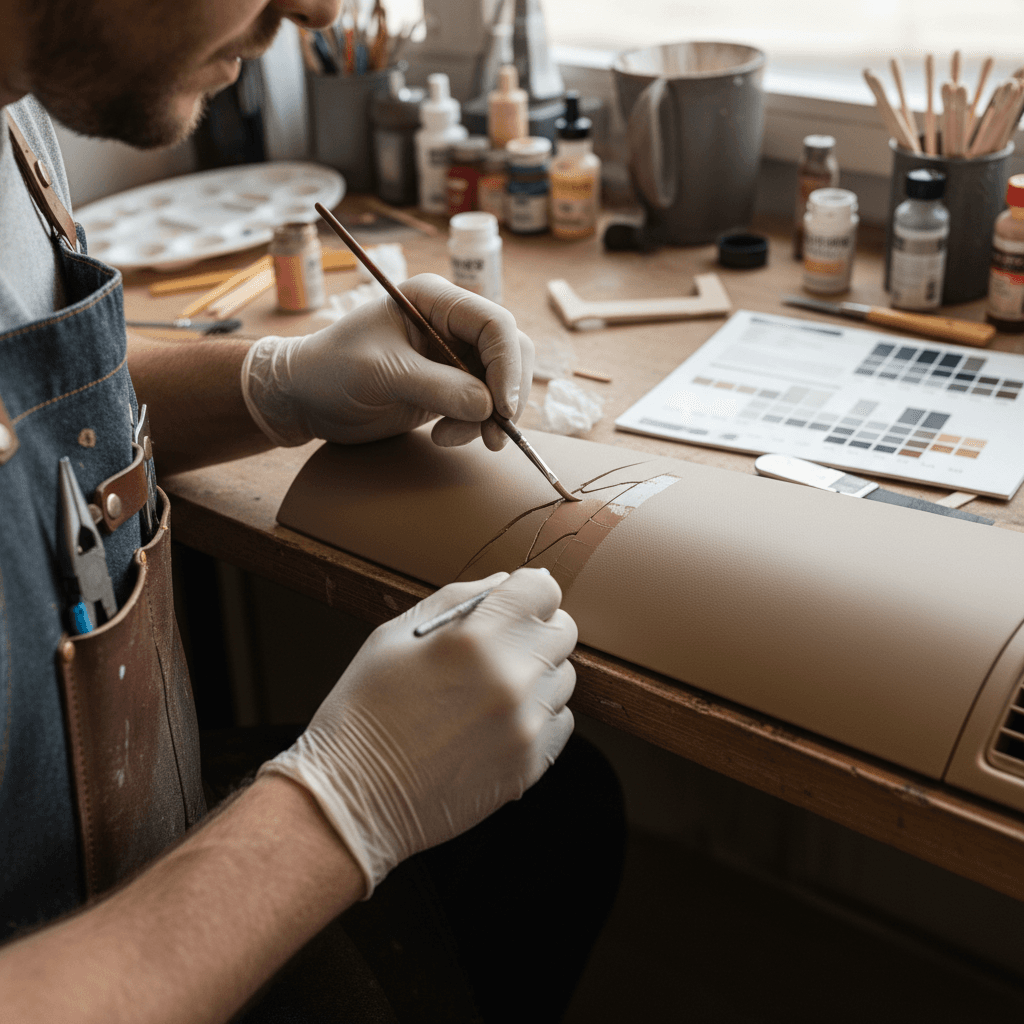 Technician's hands carefully painting a cracked plastic panel with color-matched finish in natural light