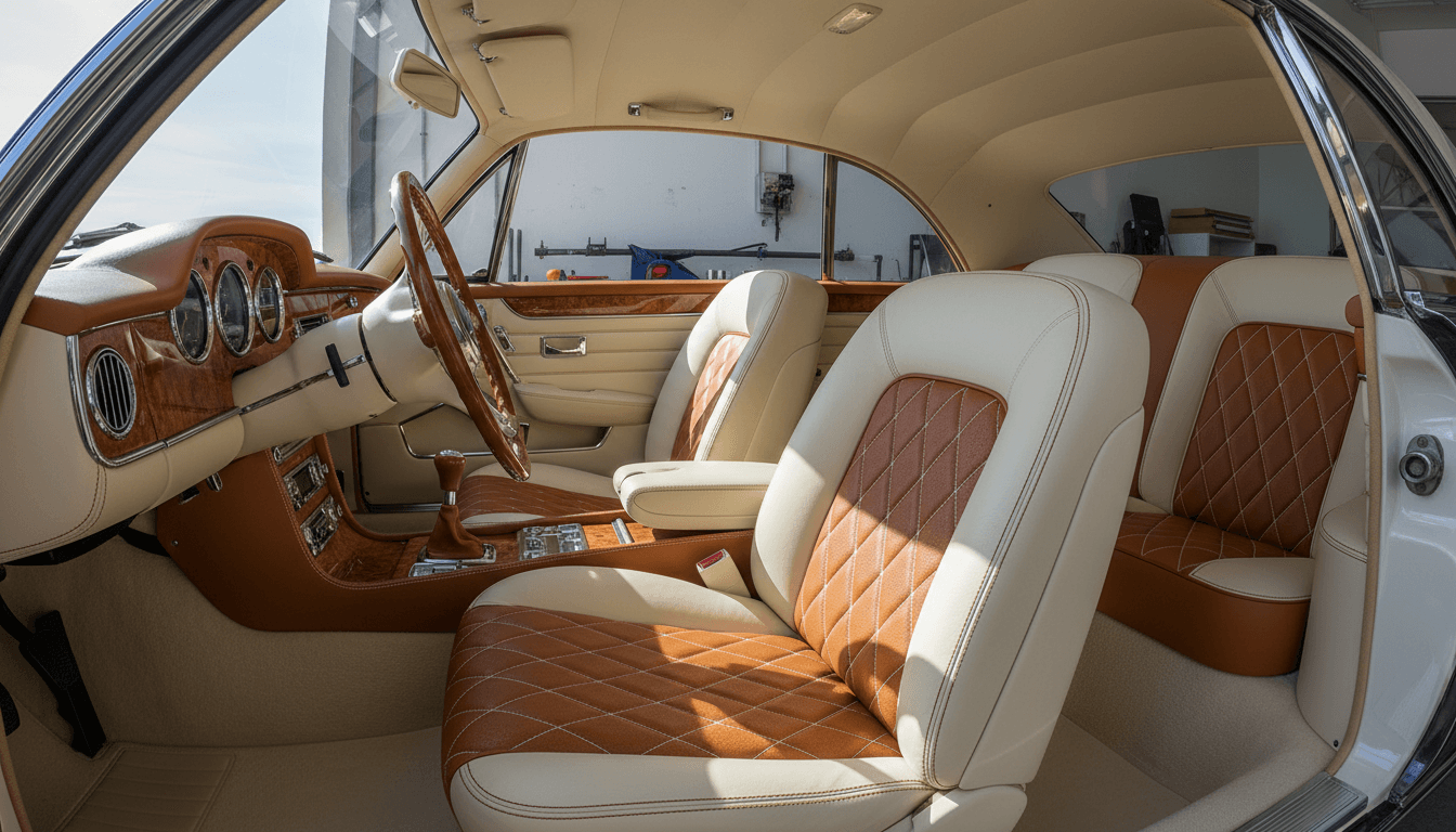 Restored leather seats and wood-trimmed dashboard in a luxury classic car interior