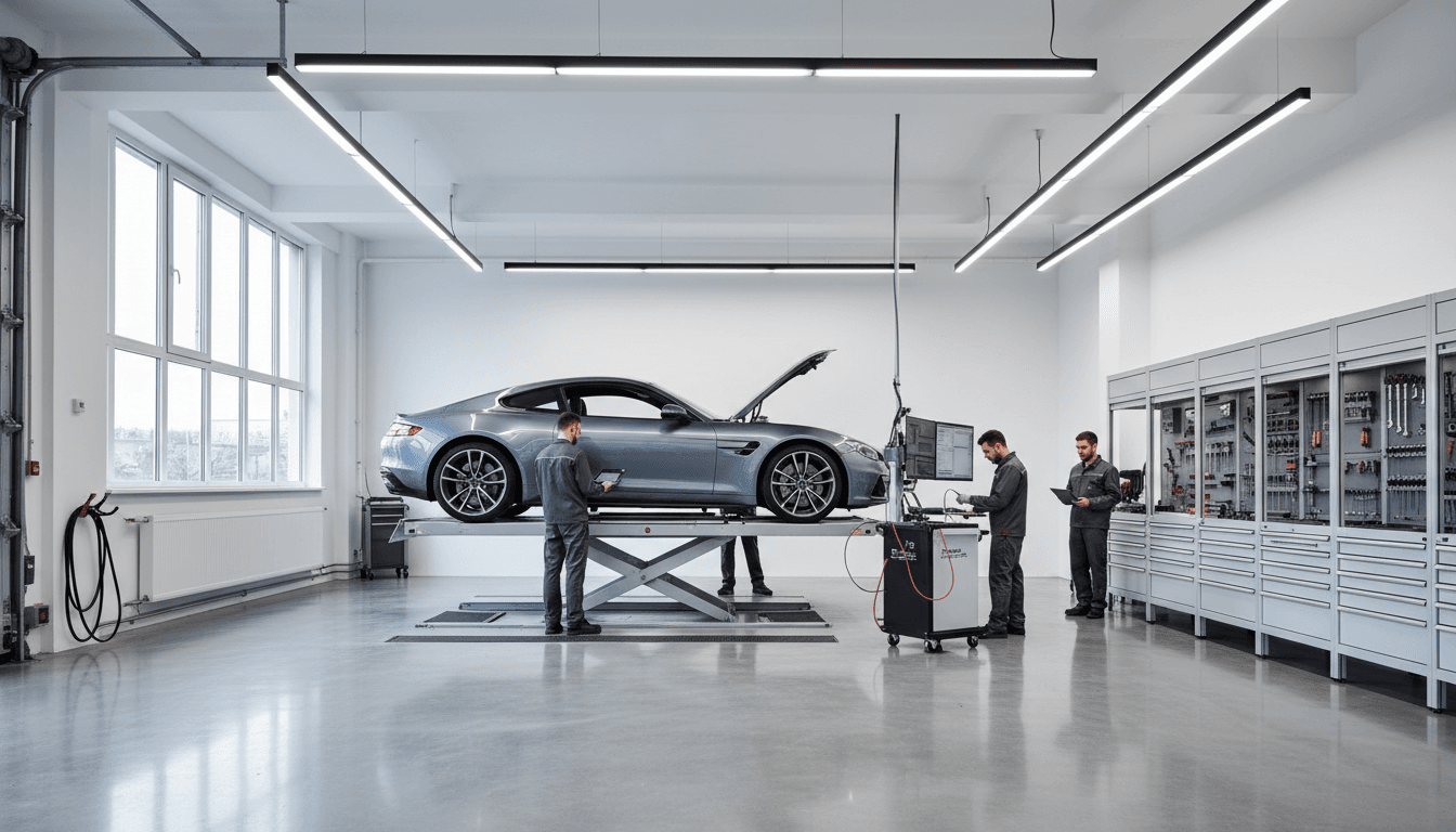 Luxury car in a professional automotive repair facility with polished floors and modern equipment
