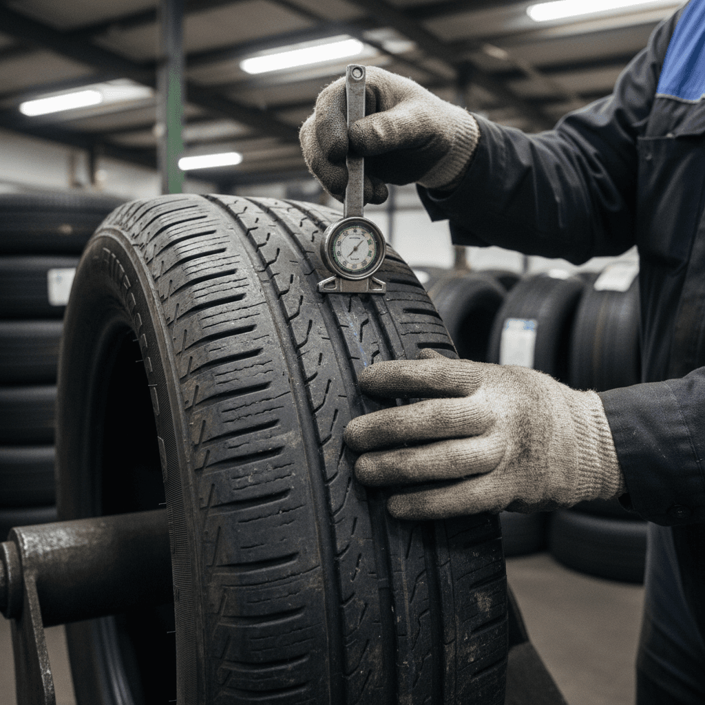 Mechanic's hands inspecting used tire tread depth with gauge tool in warehouse setting