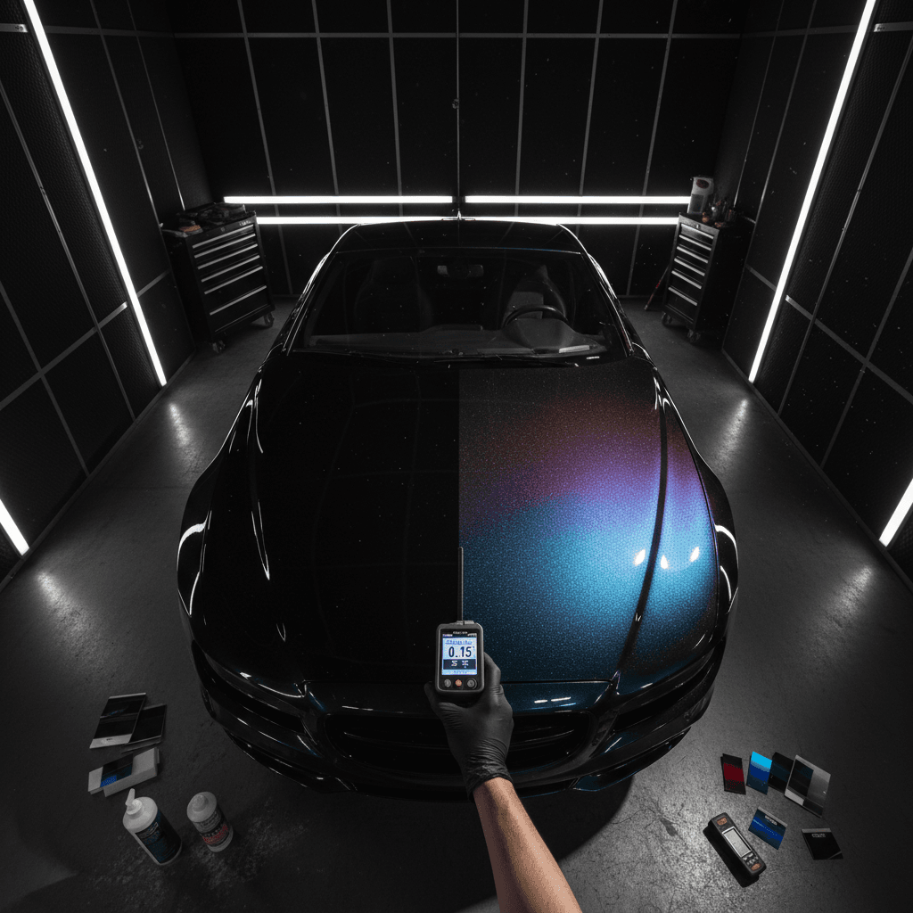 Overhead view of technician using color-matching tool on freshly painted vehicle panel with professional equipment