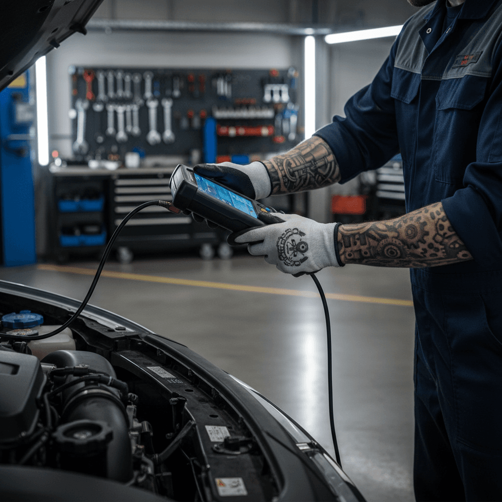 Technician inspecting a dusty barn-find classic car under bright workshop lights