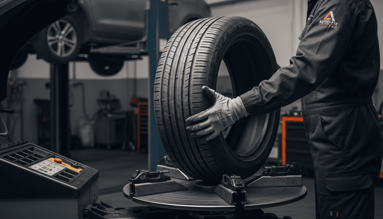 Skilled technician's hands positioning tire onto professional mounting machine in automotive workshop with industrial lighting