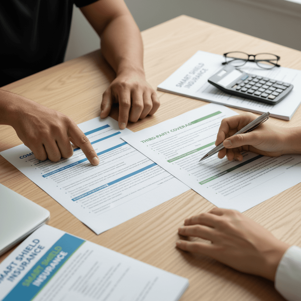 Hands reviewing insurance documents and comparing coverage options on table with brochures and calculator