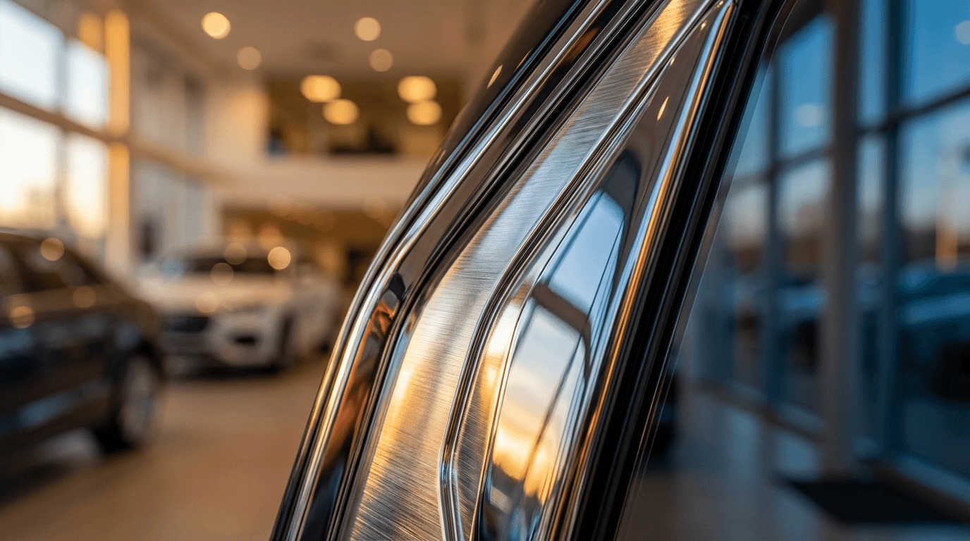 Close-up of polished chrome trim and deep orange paint on a restored vintage bumper
