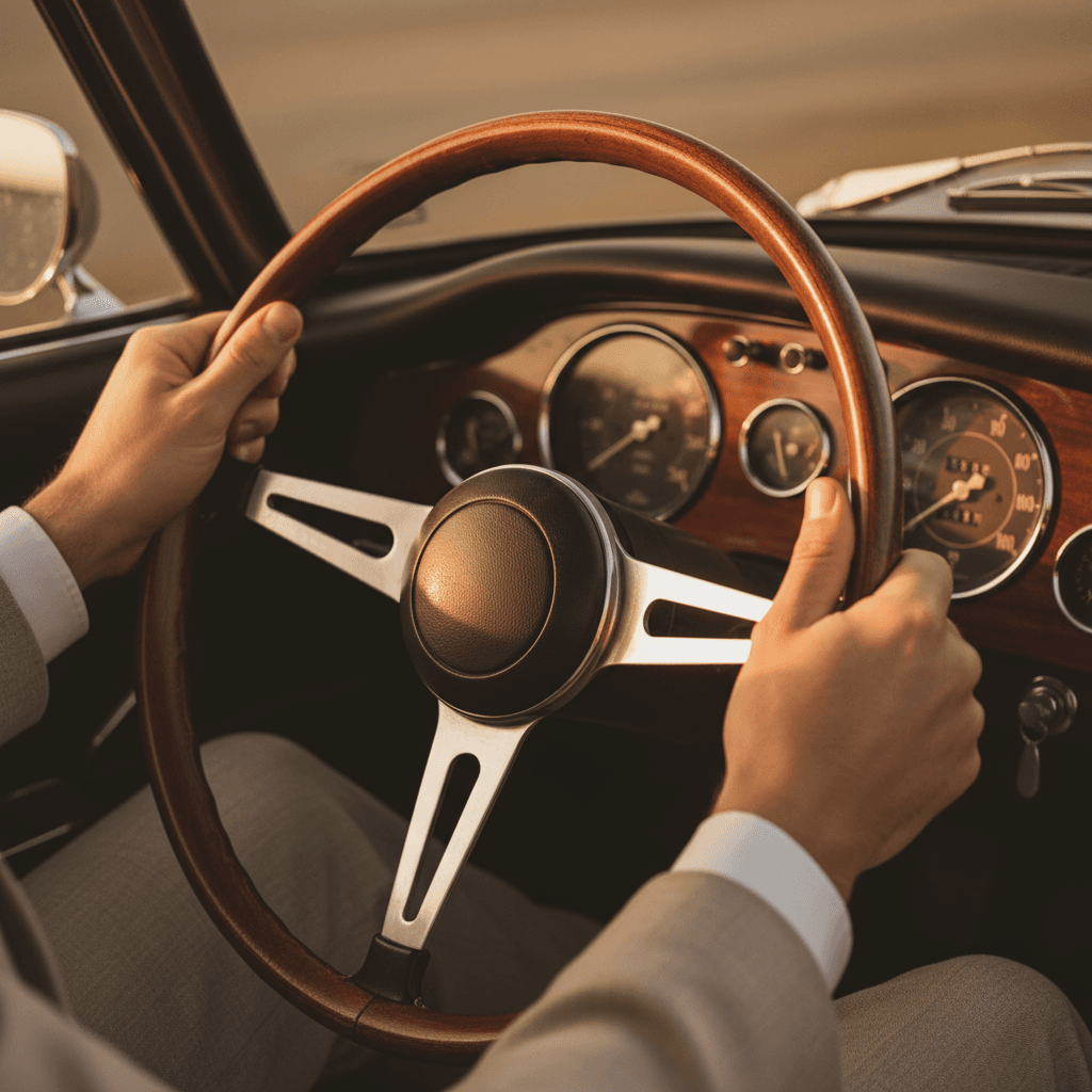 Restored classic car leather interior with chrome accents