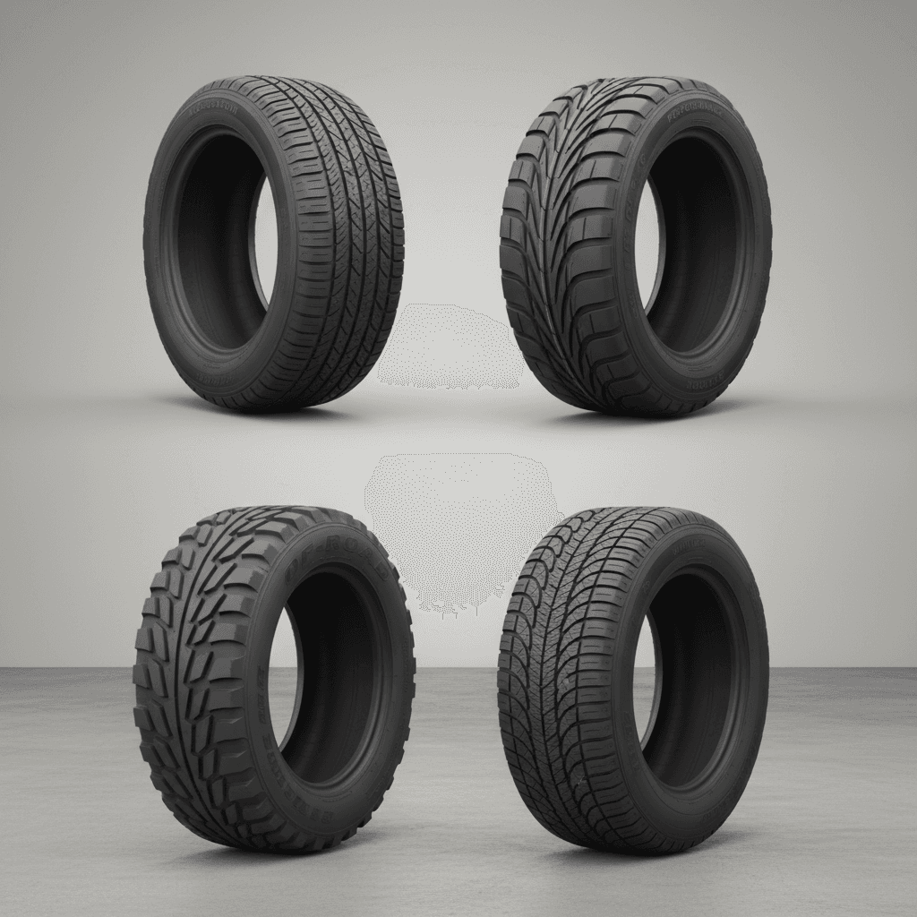 Four different vehicle tires arranged showing variety of tread patterns for different driving conditions