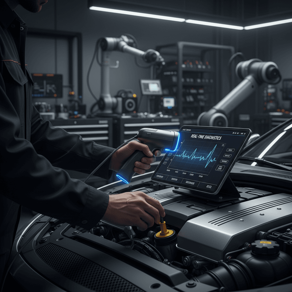 Automotive technician working on a luxury car in a modern repair facility