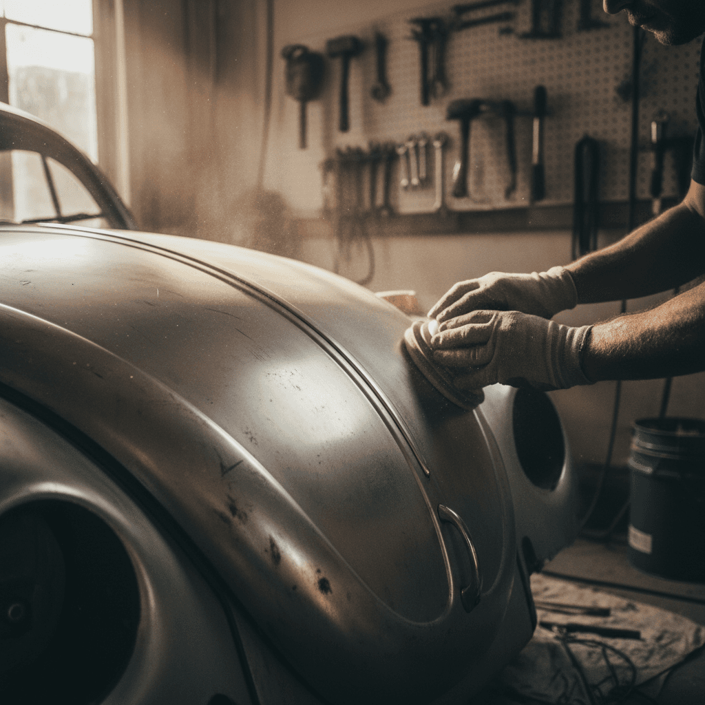 Vintage car shell stripped to bare metal in a restoration shop