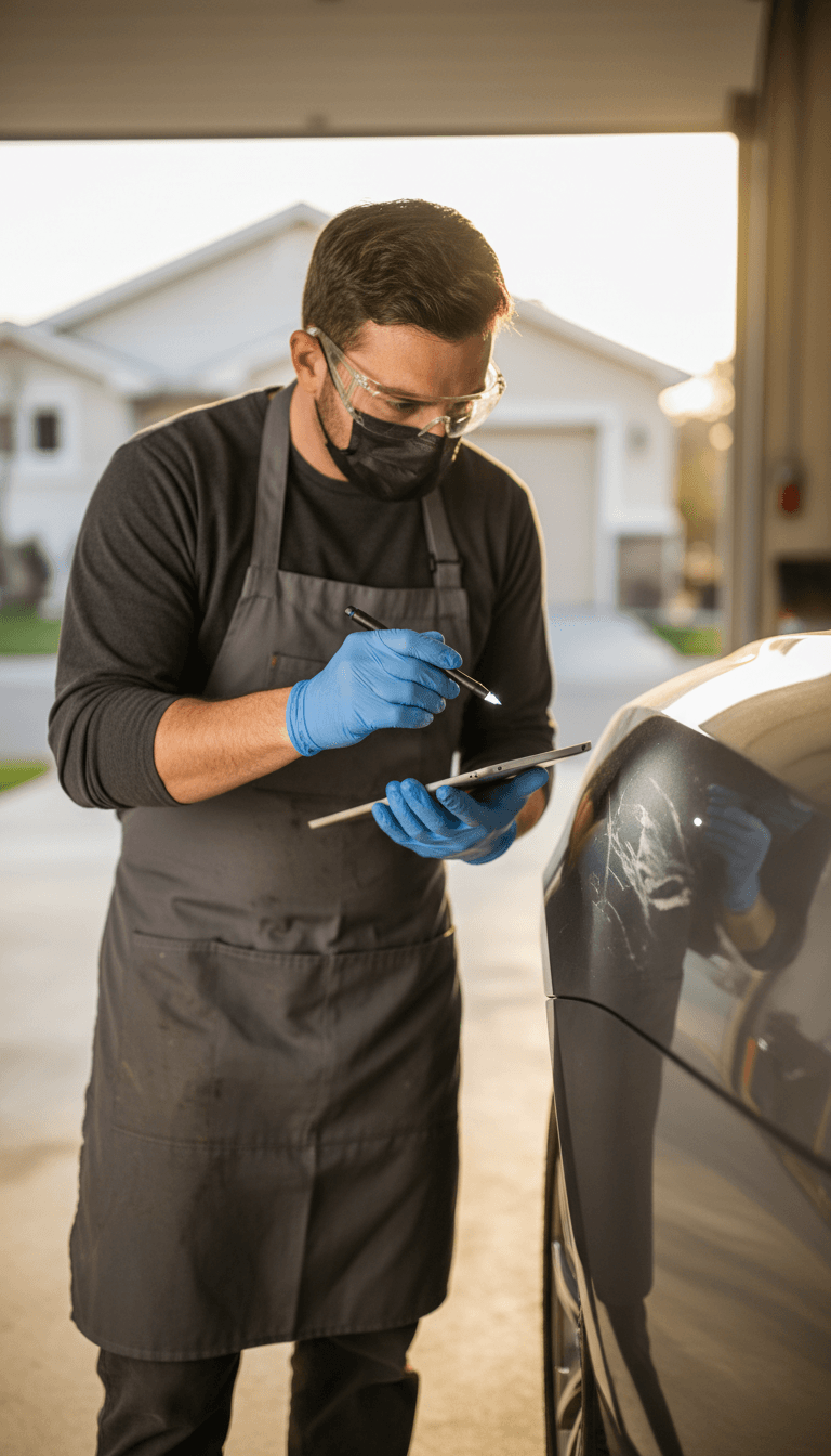 Technician in protective gear carefully inspecting and assessing vehicle bumper damage with inspection light