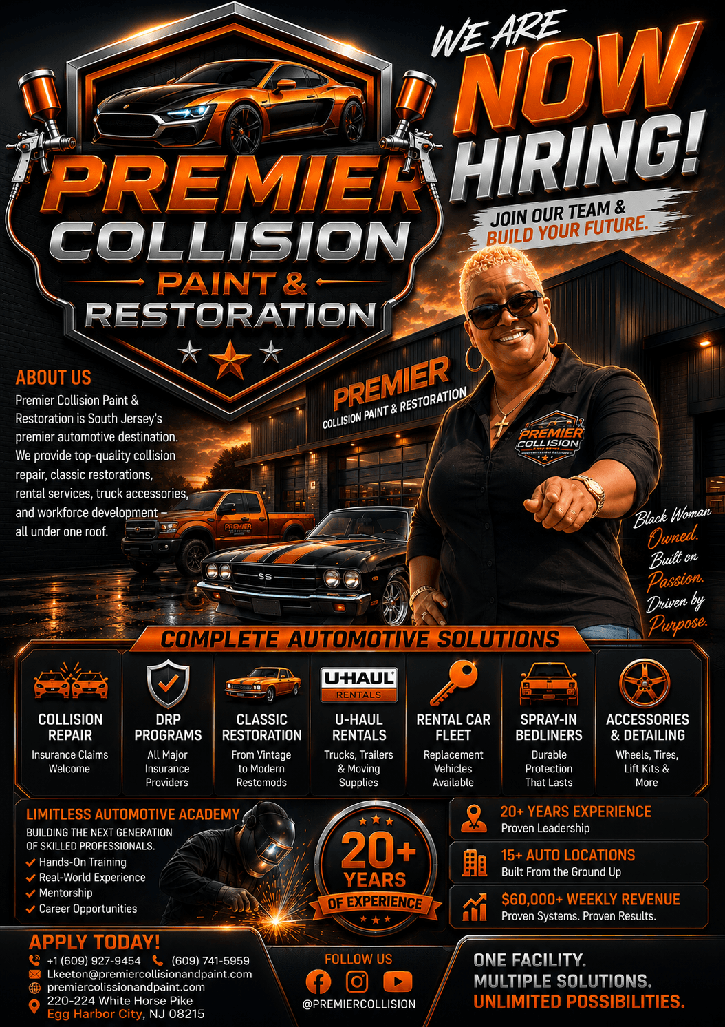 Hiring flyer for Premier Collision Paint & Restoration featuring a woman and automotive service details.